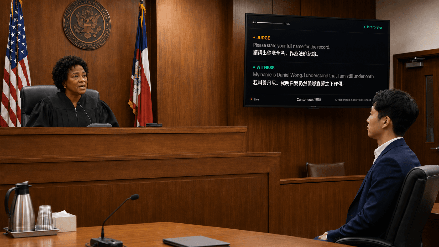 Live translated subtitles on courtroom display